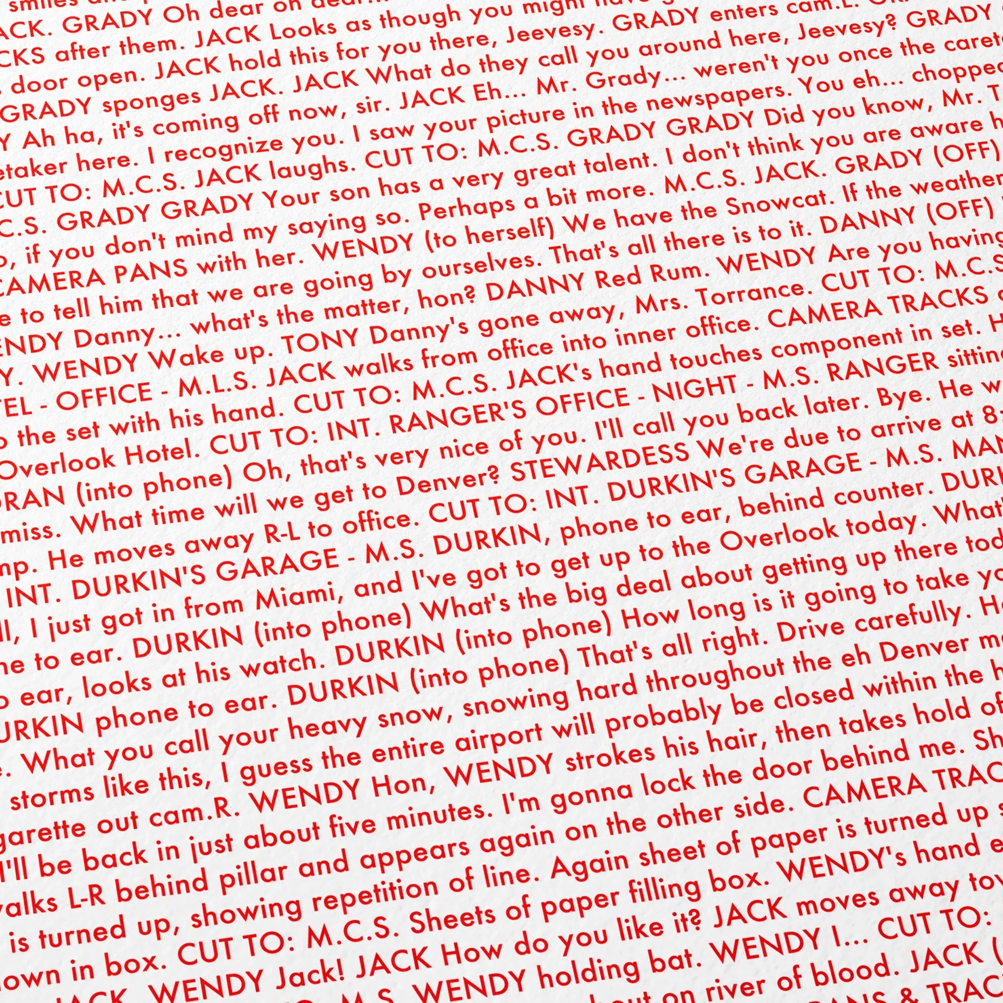 Close-up detail of the The Shining movie script poster showing dense typographic text.