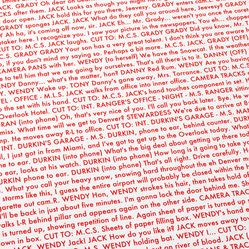 Close-up detail of the The Shining movie script poster showing dense typographic text.