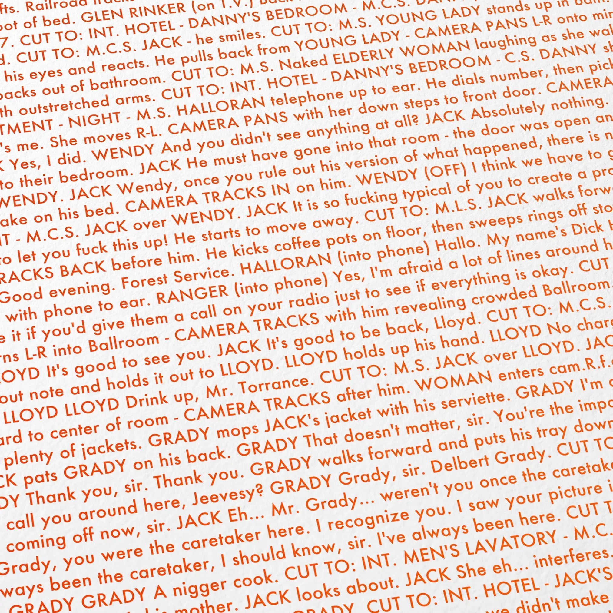 Close-up detail of the The Shining movie script poster showing dense typographic text.