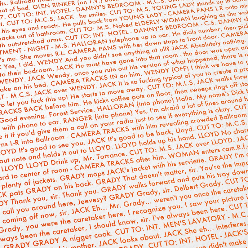 Close-up detail of the The Shining movie script poster showing dense typographic text.