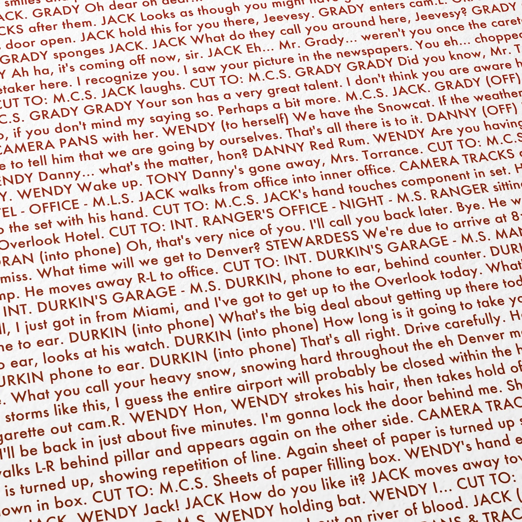 Close-up detail of the The Shining movie script poster showing dense typographic text.