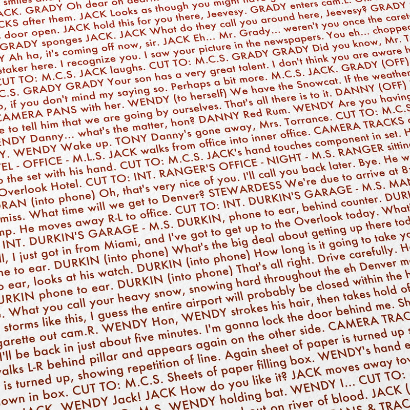 Close-up detail of the The Shining movie script poster showing dense typographic text.