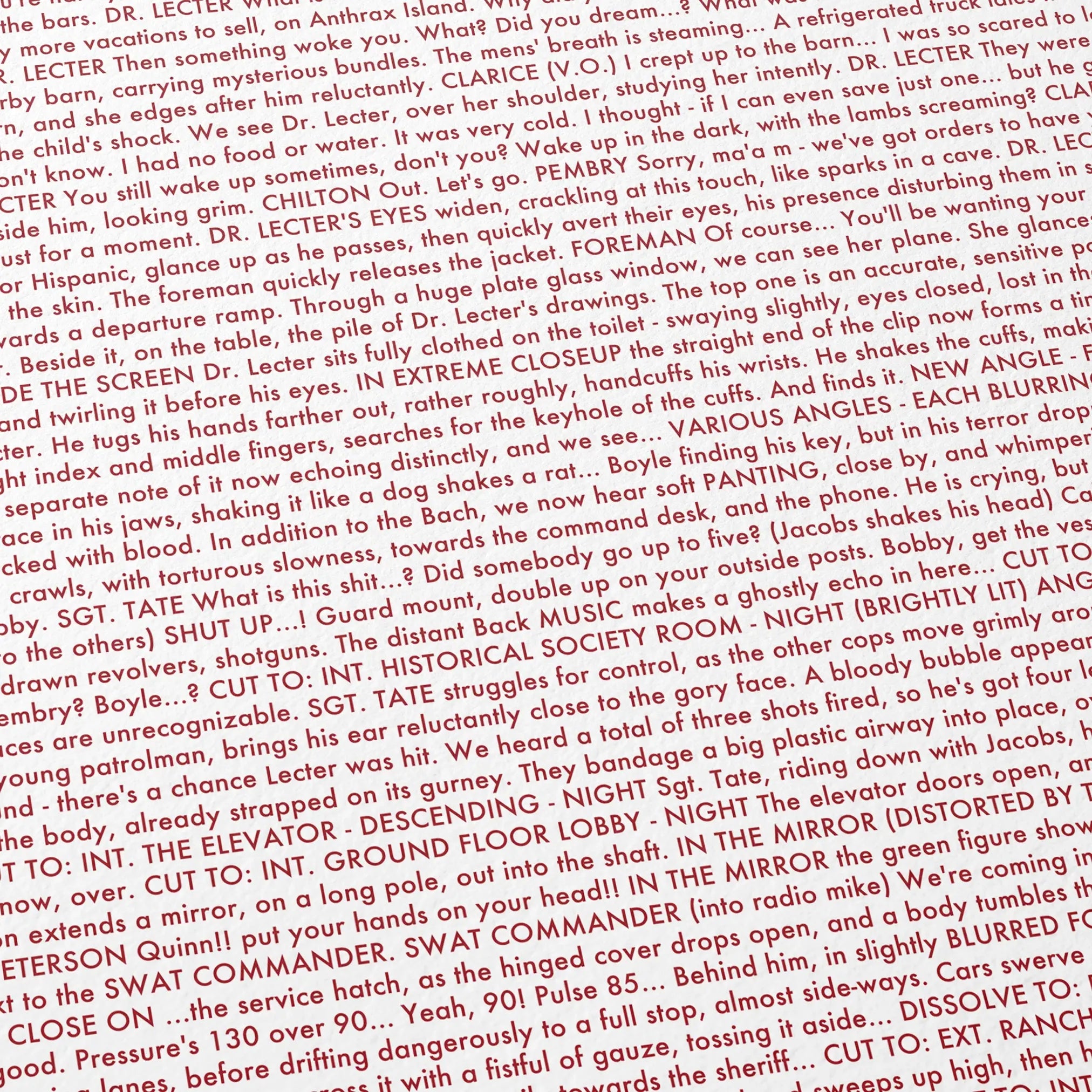 Close-up detail of the The Silence of the Lambs movie script poster showing dense typographic text.