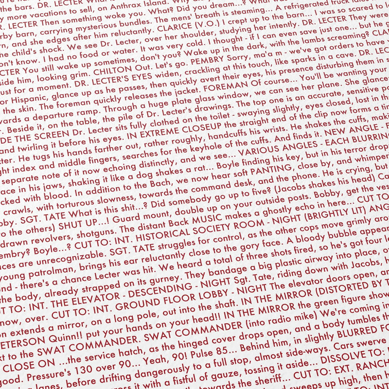 Close-up detail of the The Silence of the Lambs movie script poster showing dense typographic text.