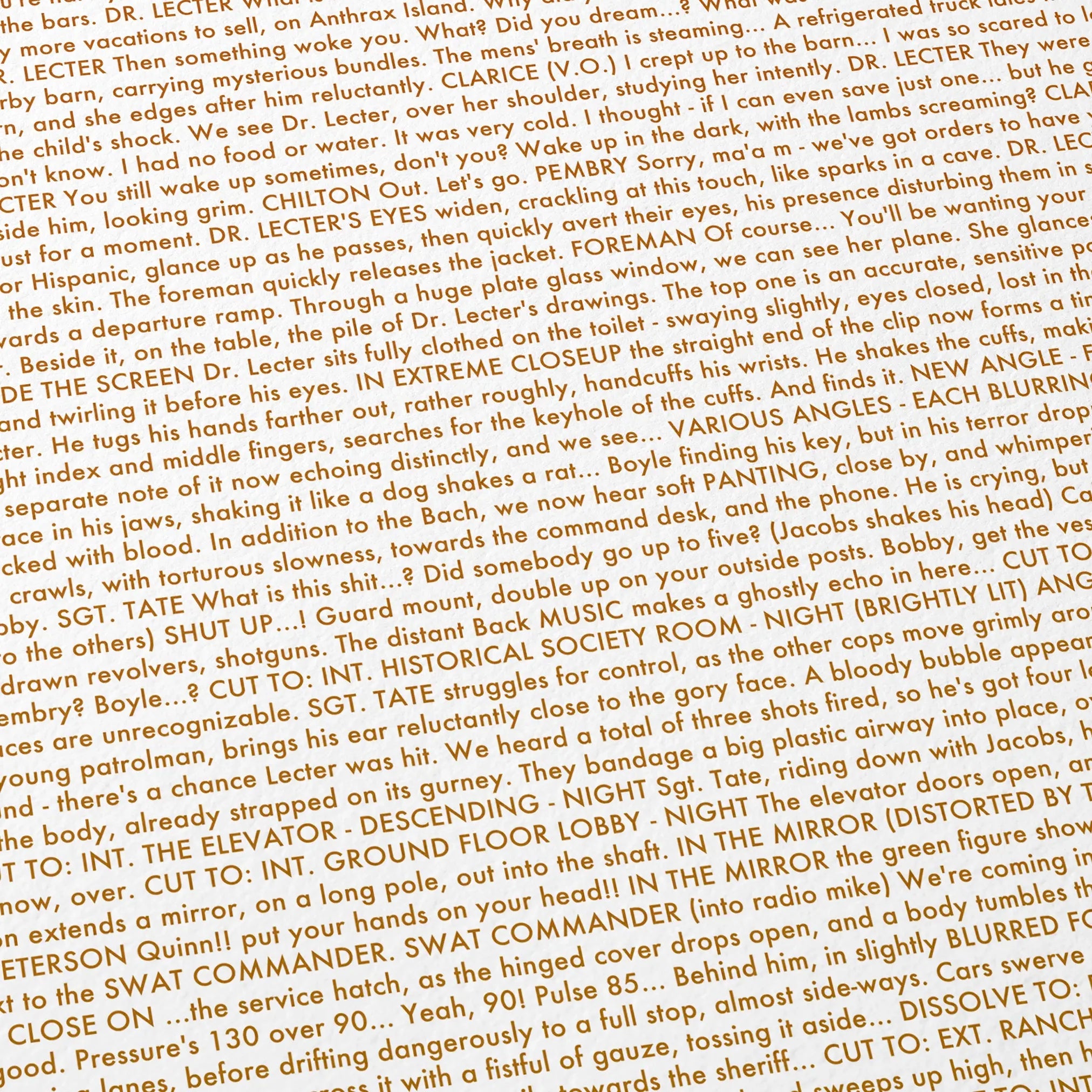 Close-up detail of the The Silence of the Lambs movie script poster showing dense typographic text.