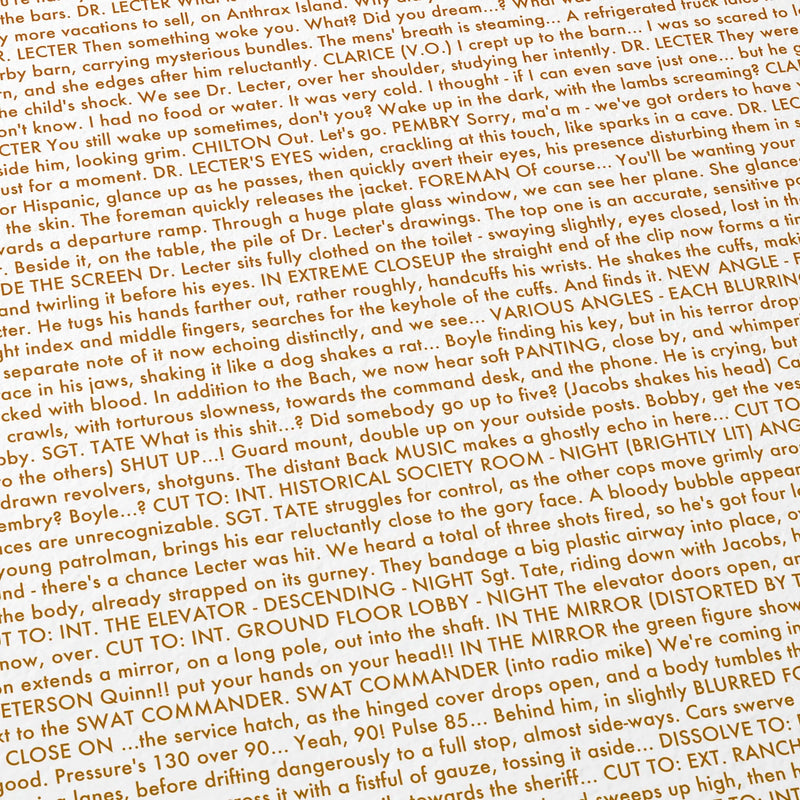 Close-up detail of the The Silence of the Lambs movie script poster showing dense typographic text.