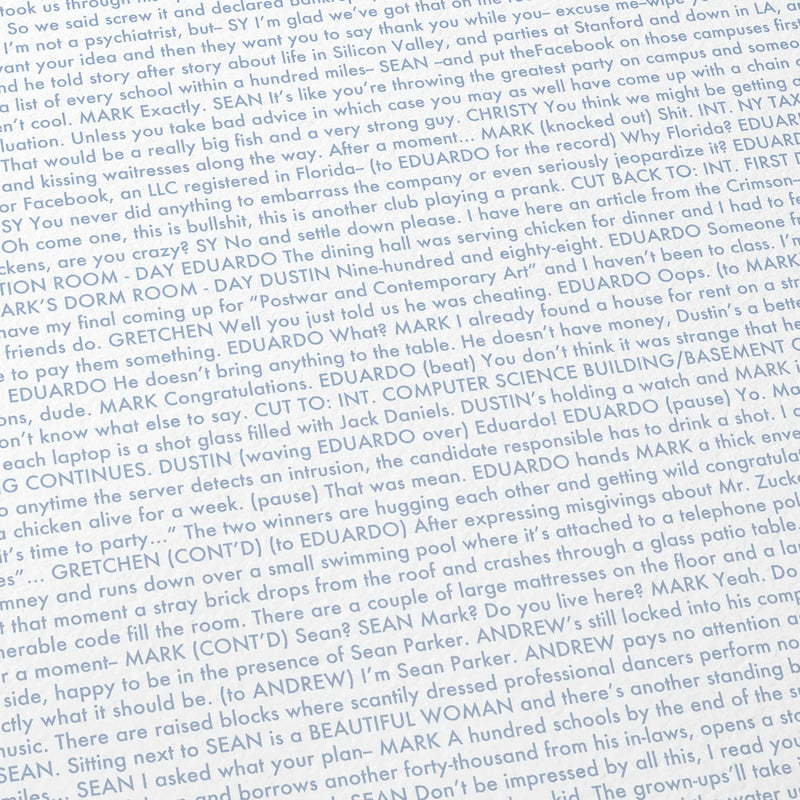 Close-up detail of the The Social Network movie script poster showing dense typographic text.