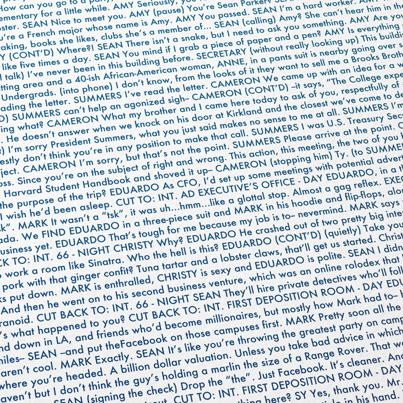 Close-up detail of the The Social Network movie script poster showing dense typographic text.