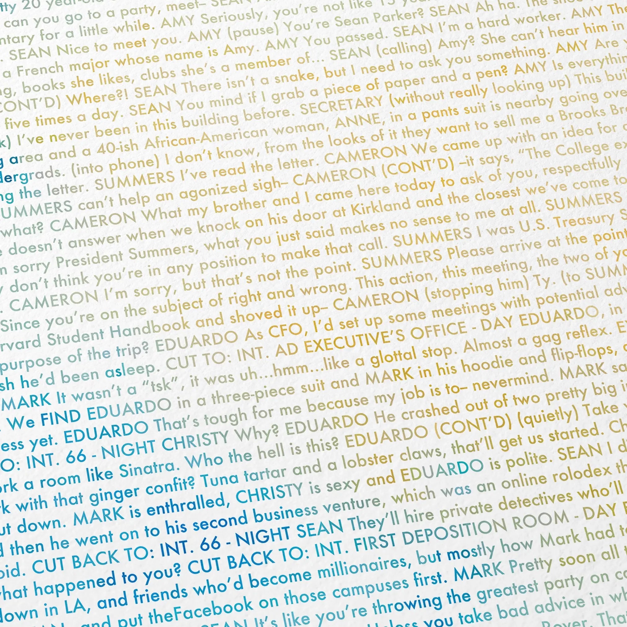 Close-up detail of the The Social Network movie script poster showing dense typographic text.