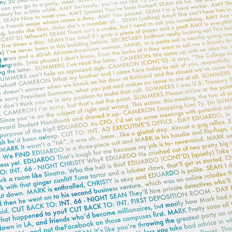 Close-up detail of the The Social Network movie script poster showing dense typographic text.