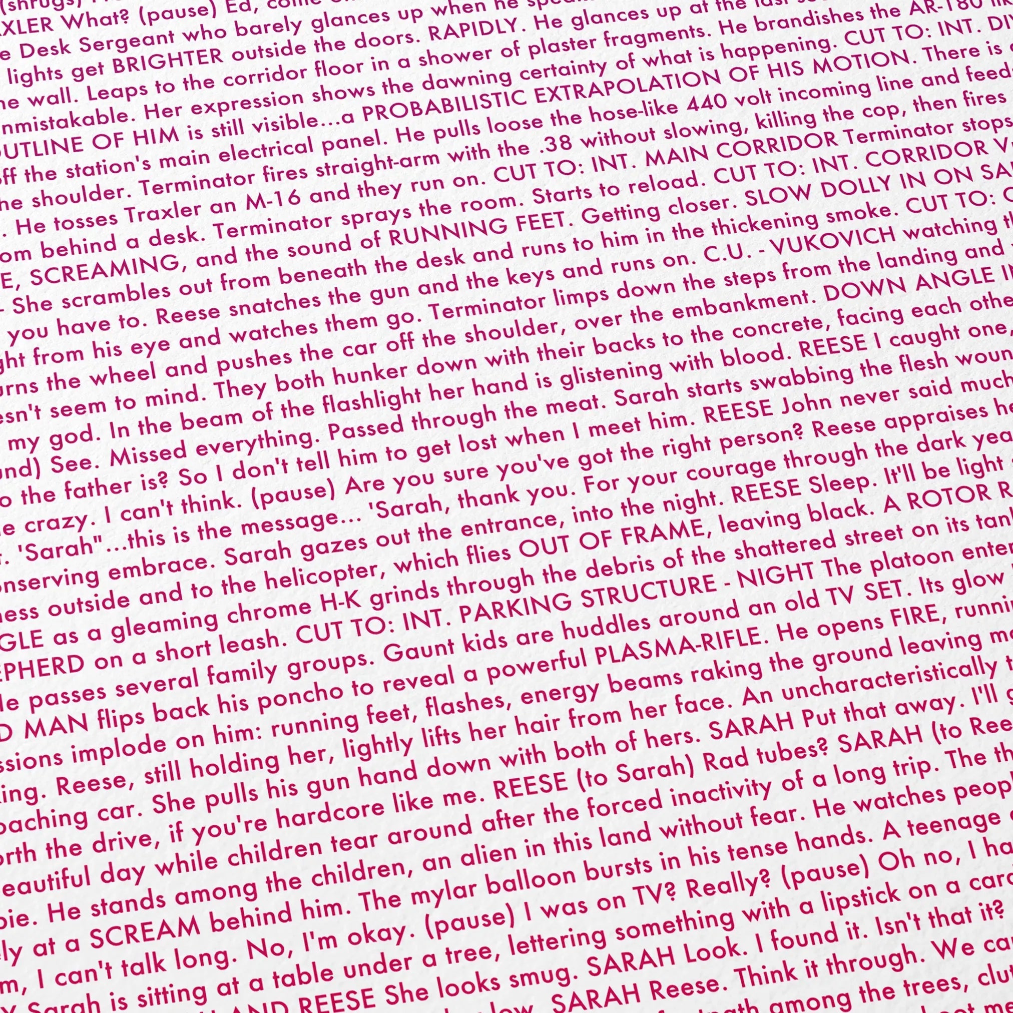 Close-up detail of the The Terminator movie script poster showing dense typographic text.