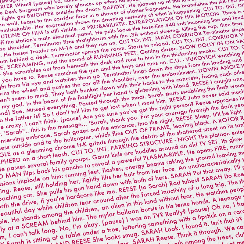 Close-up detail of the The Terminator movie script poster showing dense typographic text.