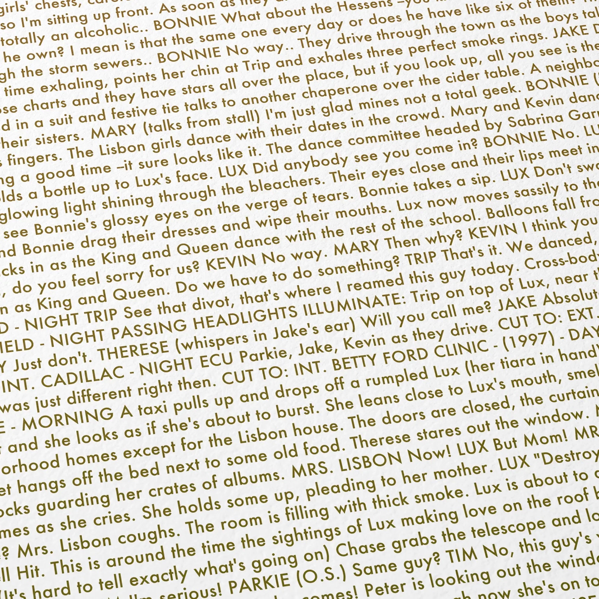 Close-up detail of the The Virgin Suicides movie script poster showing dense typographic text.