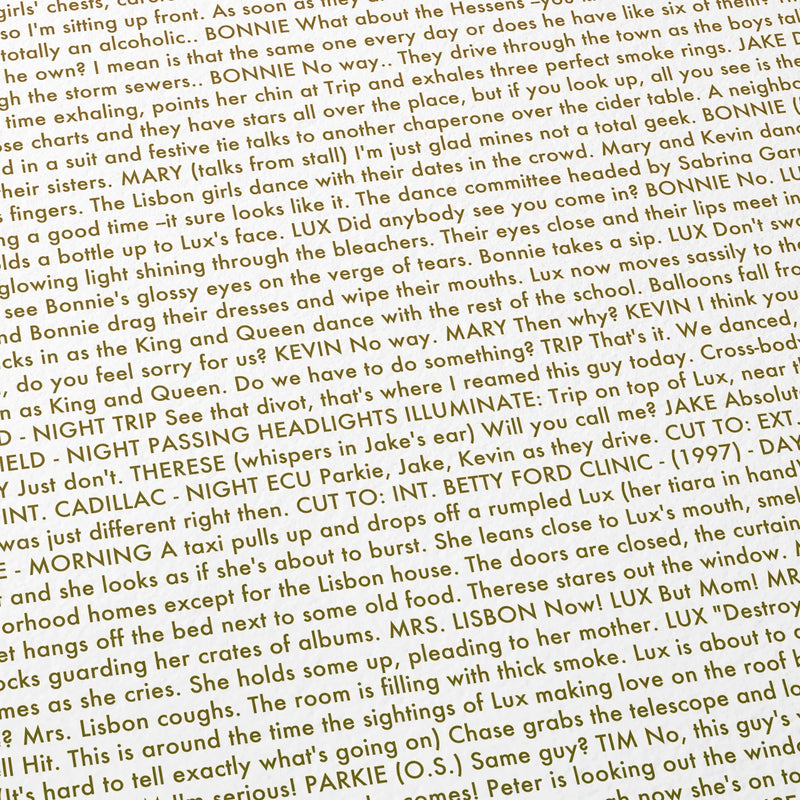 Close-up detail of the The Virgin Suicides movie script poster showing dense typographic text.
