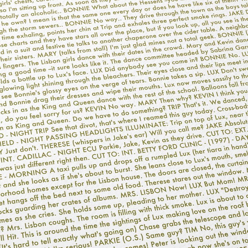 Close-up detail of the The Virgin Suicides movie script poster showing dense typographic text.