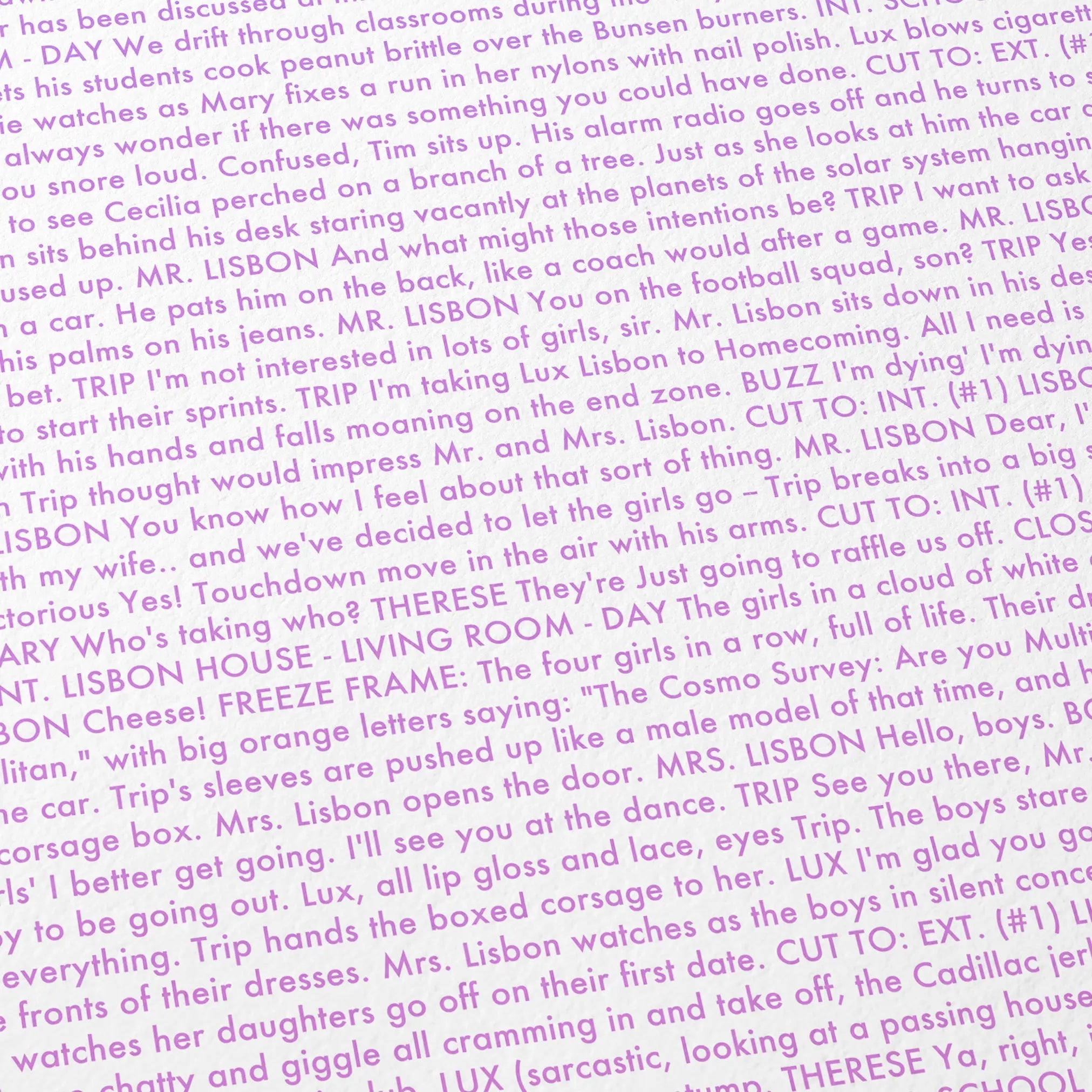 Close-up detail of the The Virgin Suicides movie script poster showing dense typographic text.