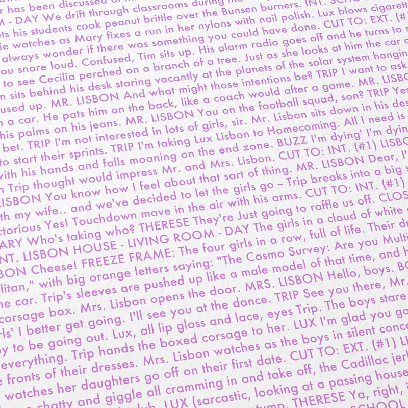 Close-up detail of the The Virgin Suicides movie script poster showing dense typographic text.