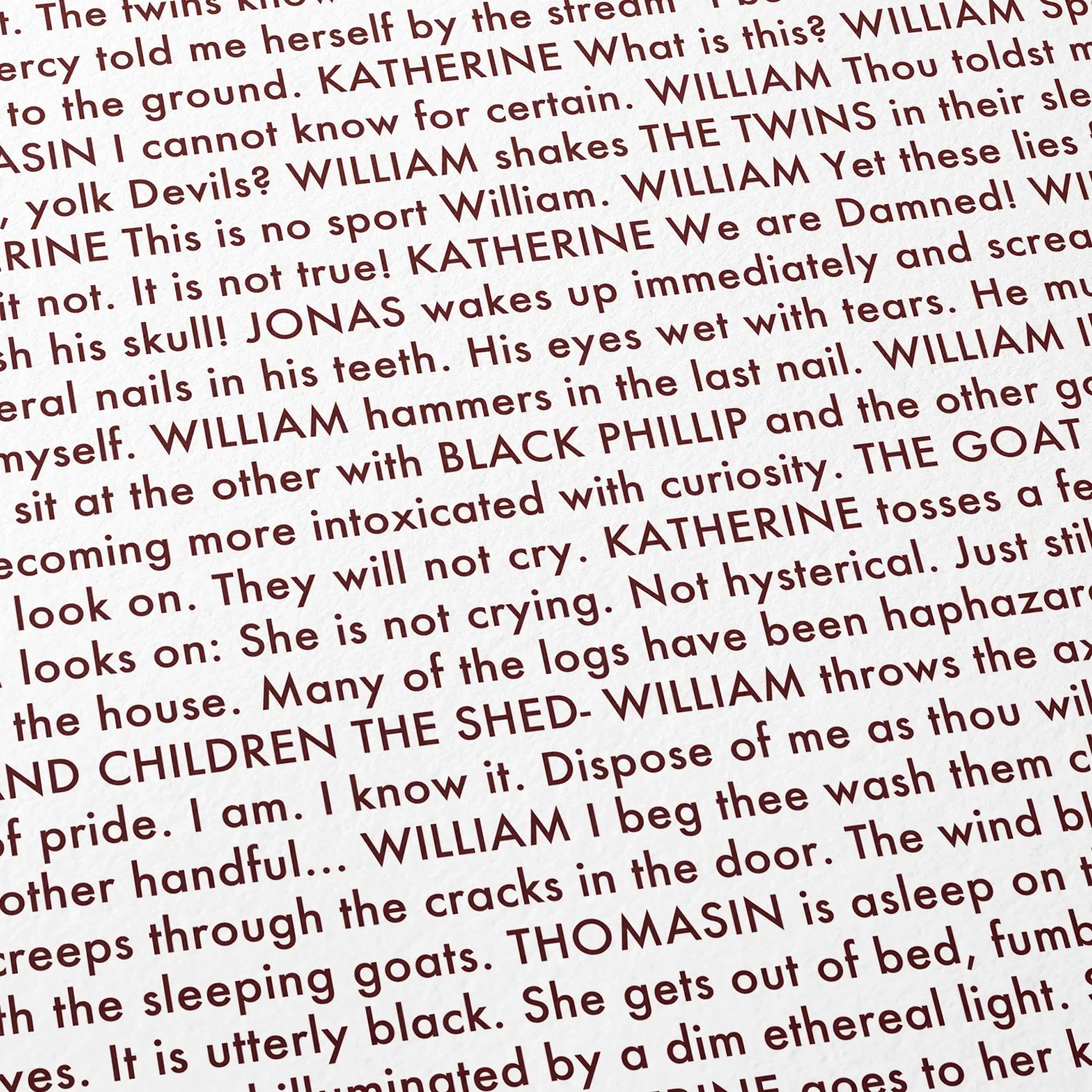 Close-up detail of the The Witch movie script poster showing dense typographic text.