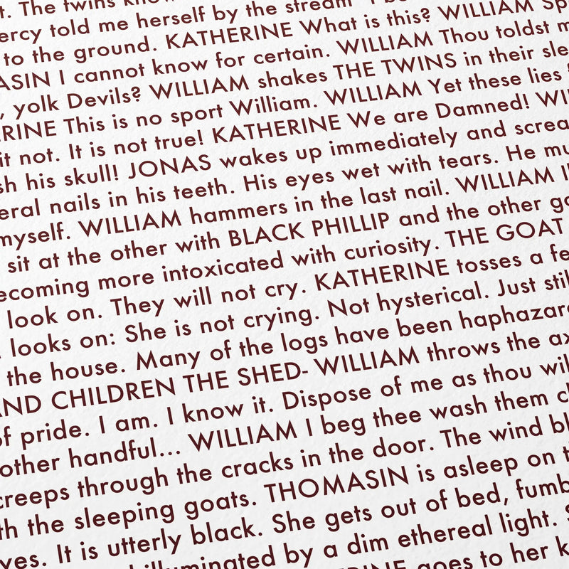 Close-up detail of the The Witch movie script poster showing dense typographic text.