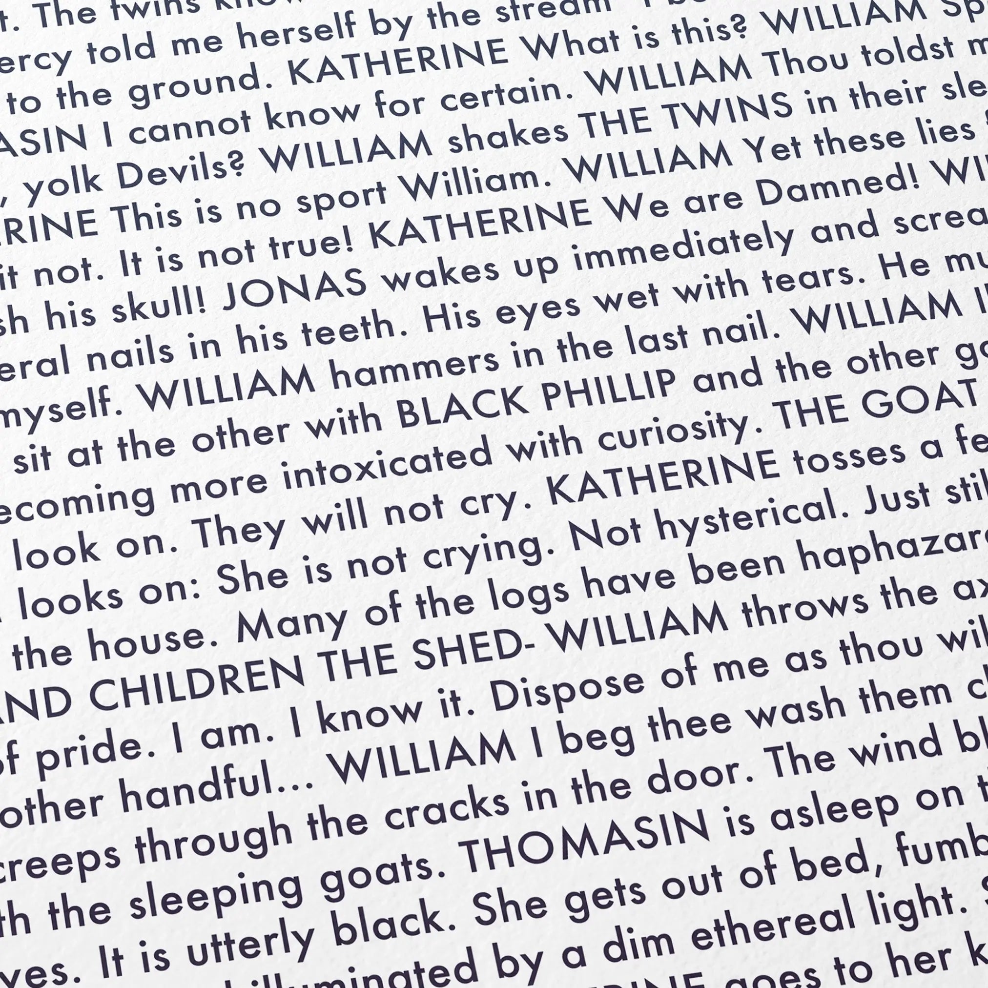 Close-up detail of the The Witch movie script poster showing dense typographic text.