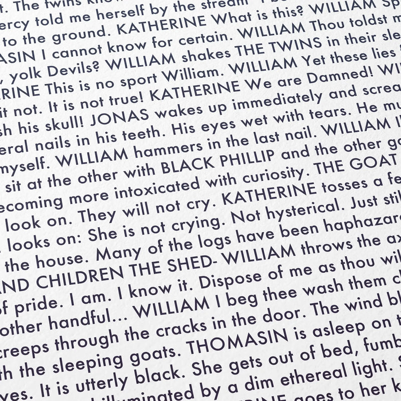 Close-up detail of the The Witch movie script poster showing dense typographic text.