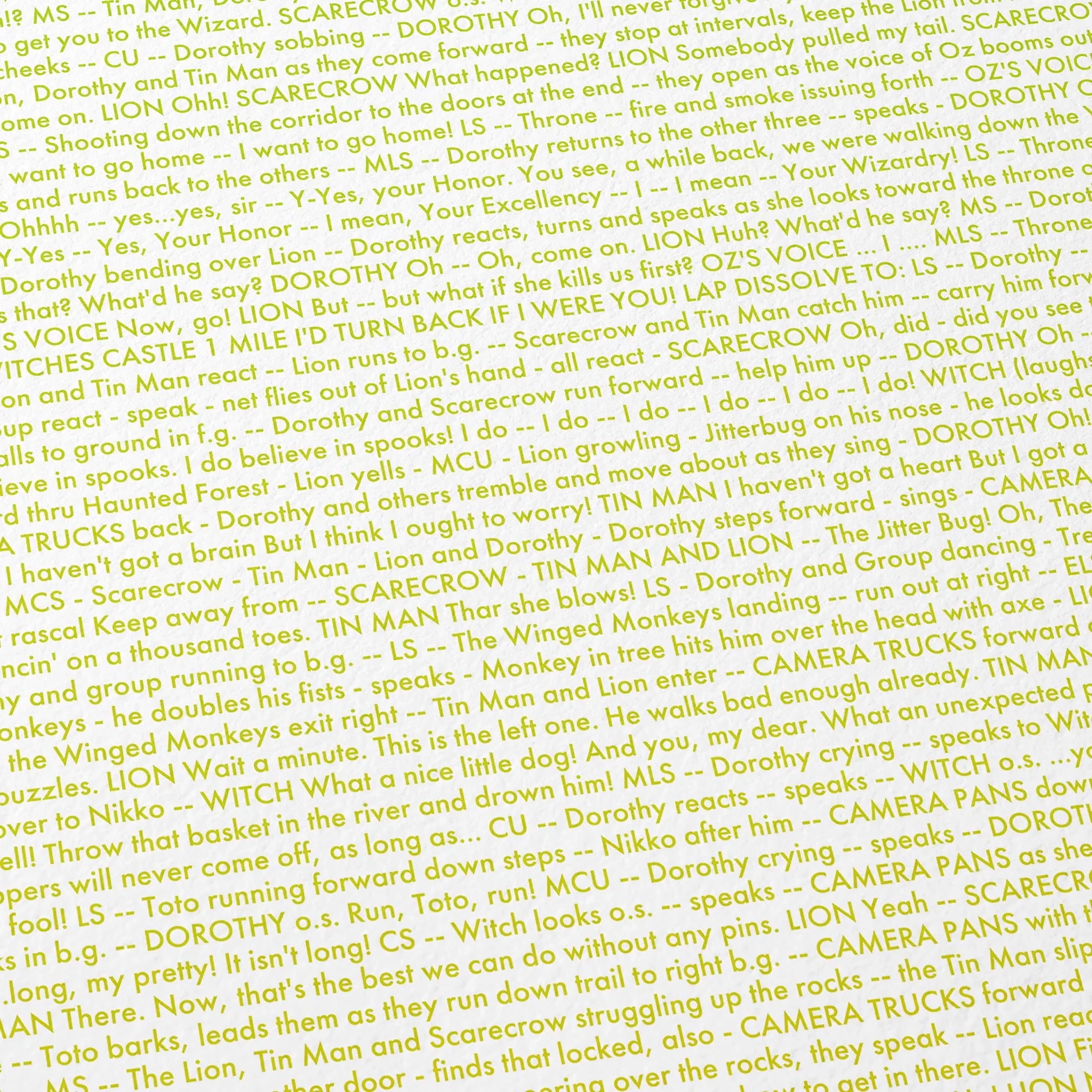Close-up detail of the The Wizard of Oz movie script poster showing dense typographic text.