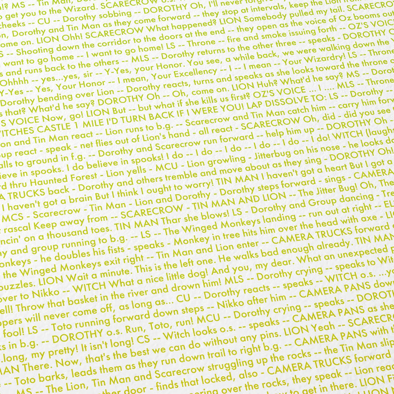 Close-up detail of the The Wizard of Oz movie script poster showing dense typographic text.