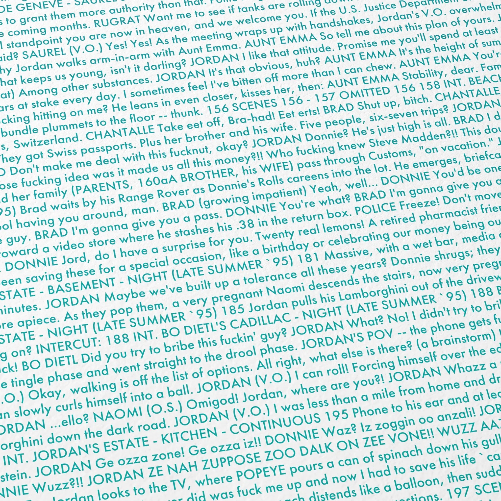 Close-up detail of the The Wolf of Wall Street movie script poster showing dense typographic text.
