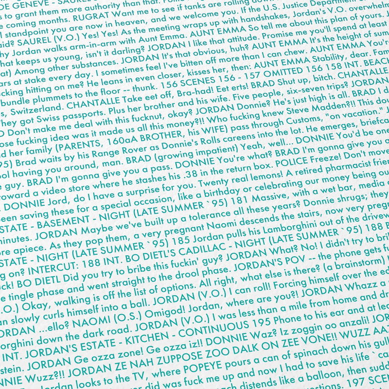 Close-up detail of the The Wolf of Wall Street movie script poster showing dense typographic text.
