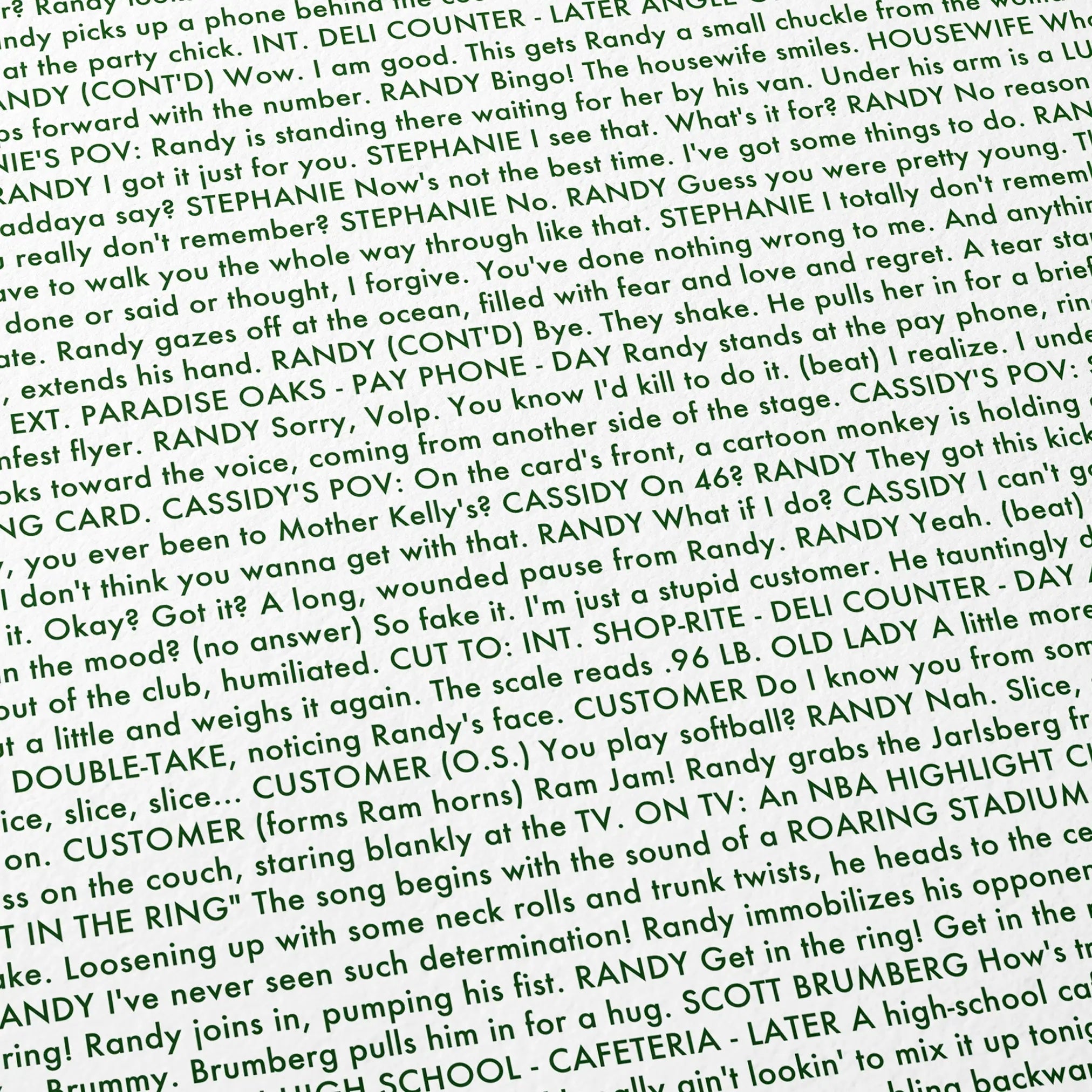 Close-up detail of the The Wrestler movie script poster showing dense typographic text.