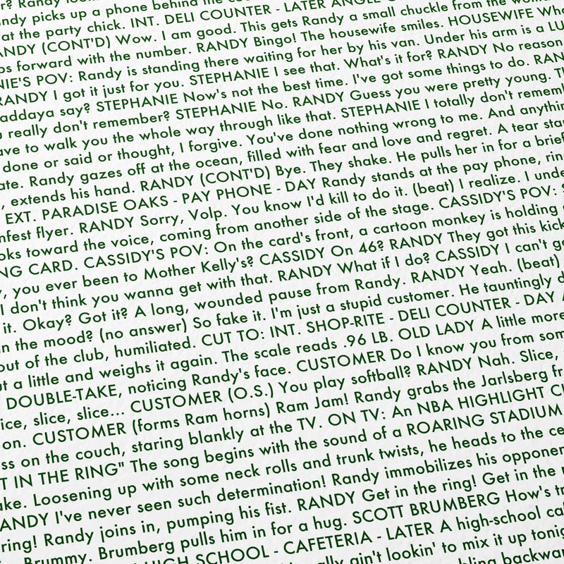 Close-up detail of the The Wrestler movie script poster showing dense typographic text.