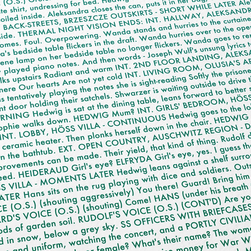 Close-up detail of the The Zone of Interest movie script poster showing dense typographic text.