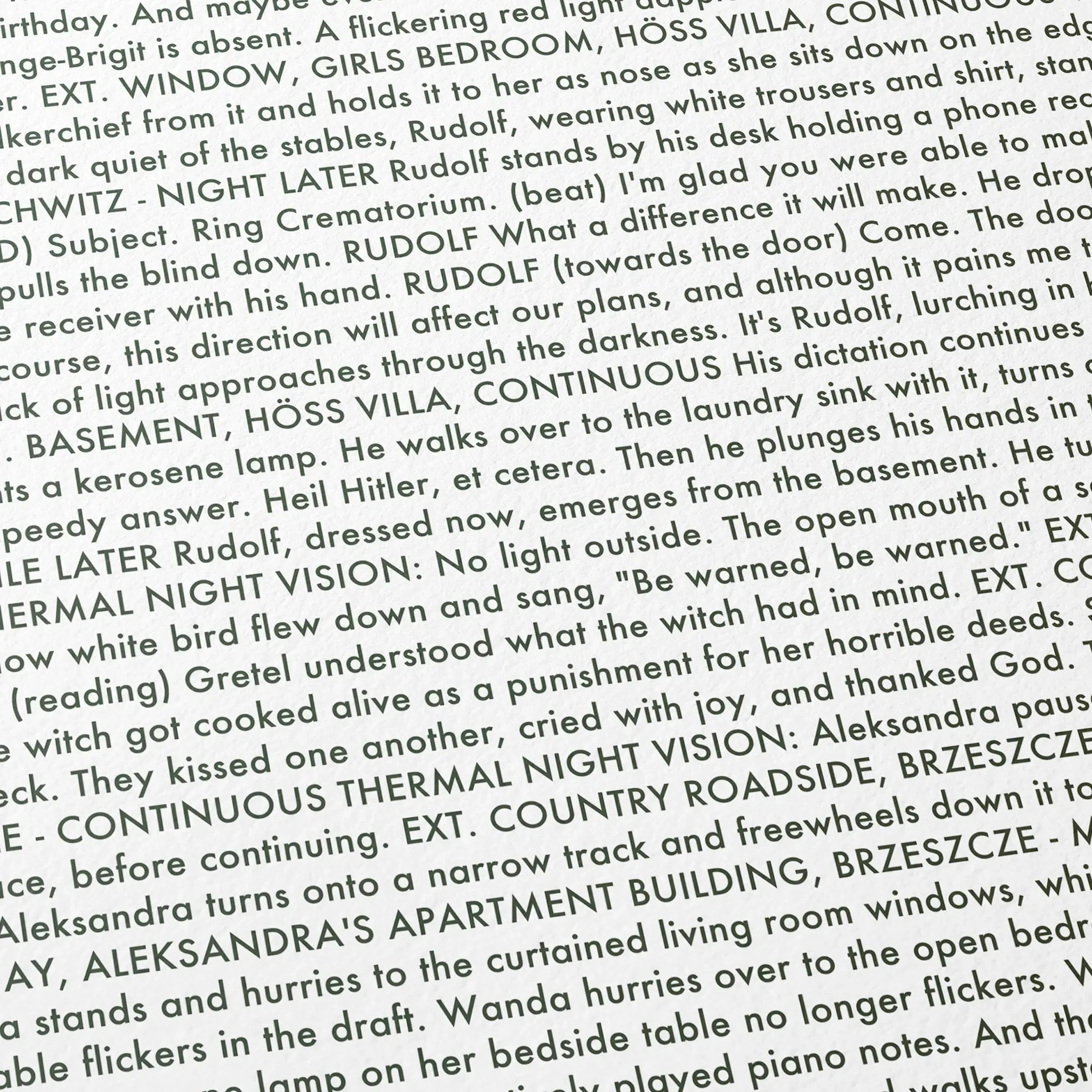 Close-up detail of the The Zone of Interest movie script poster showing dense typographic text.