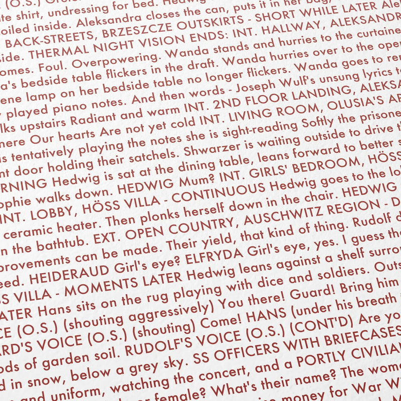 Close-up detail of the The Zone of Interest movie script poster showing dense typographic text.