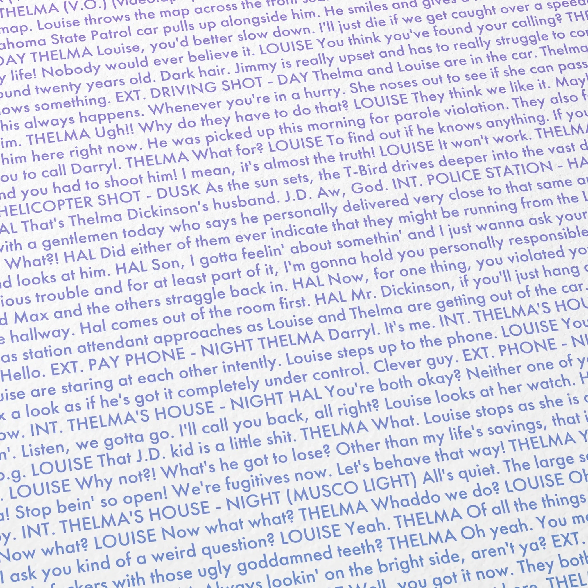Close-up detail of the Thelma & Louise movie script poster showing dense typographic text.