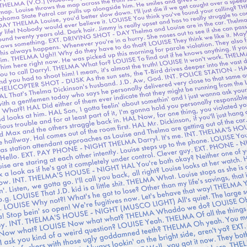 Close-up detail of the Thelma & Louise movie script poster showing dense typographic text.