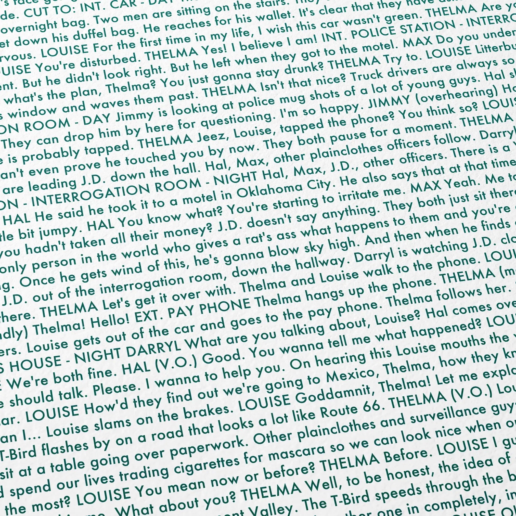 Close-up detail of the Thelma & Louise movie script poster showing dense typographic text.