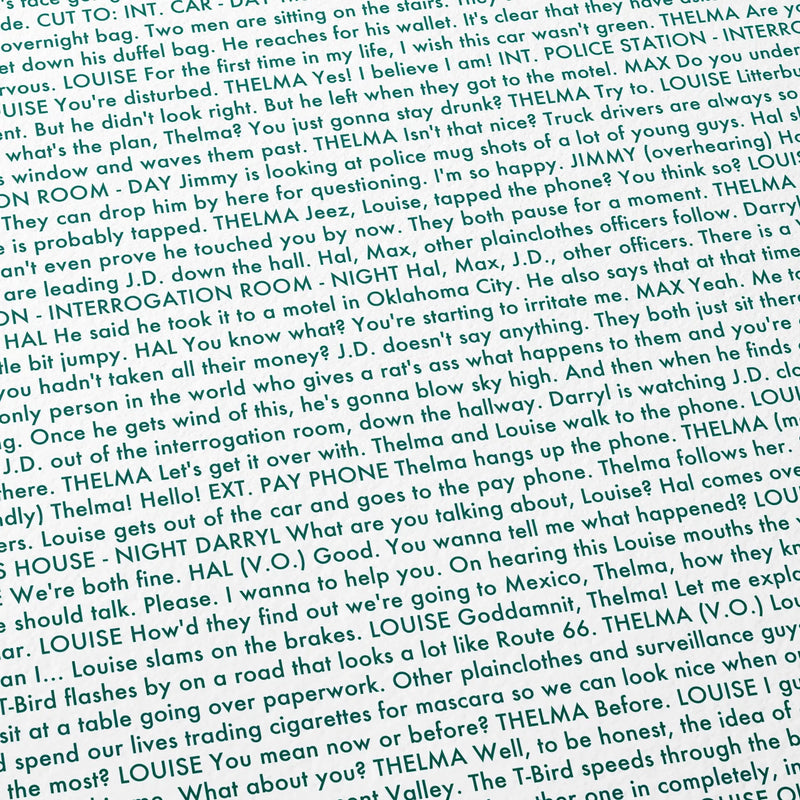 Close-up detail of the Thelma & Louise movie script poster showing dense typographic text.
