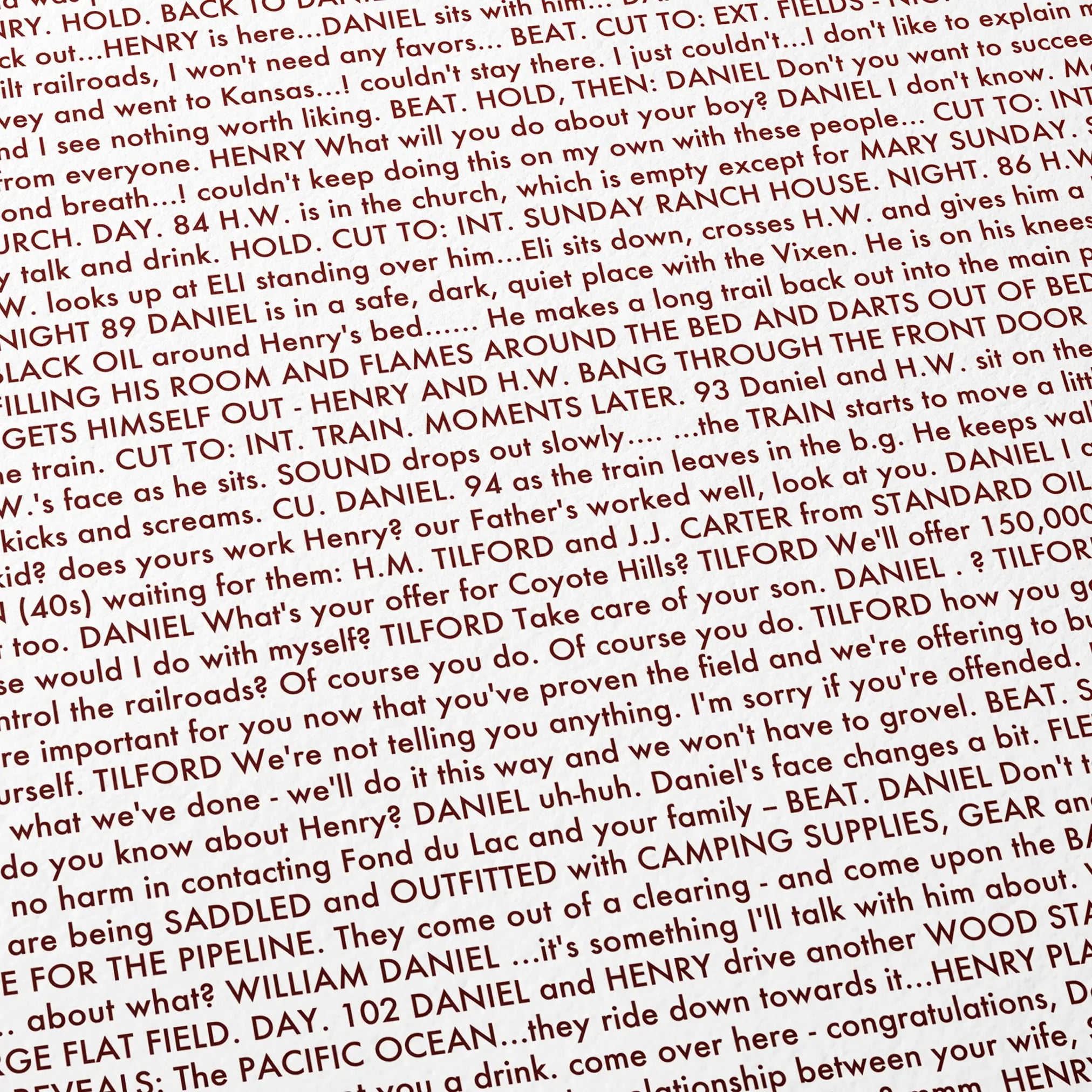 Close-up detail of the There Will Be Blood movie script poster showing dense typographic text.
