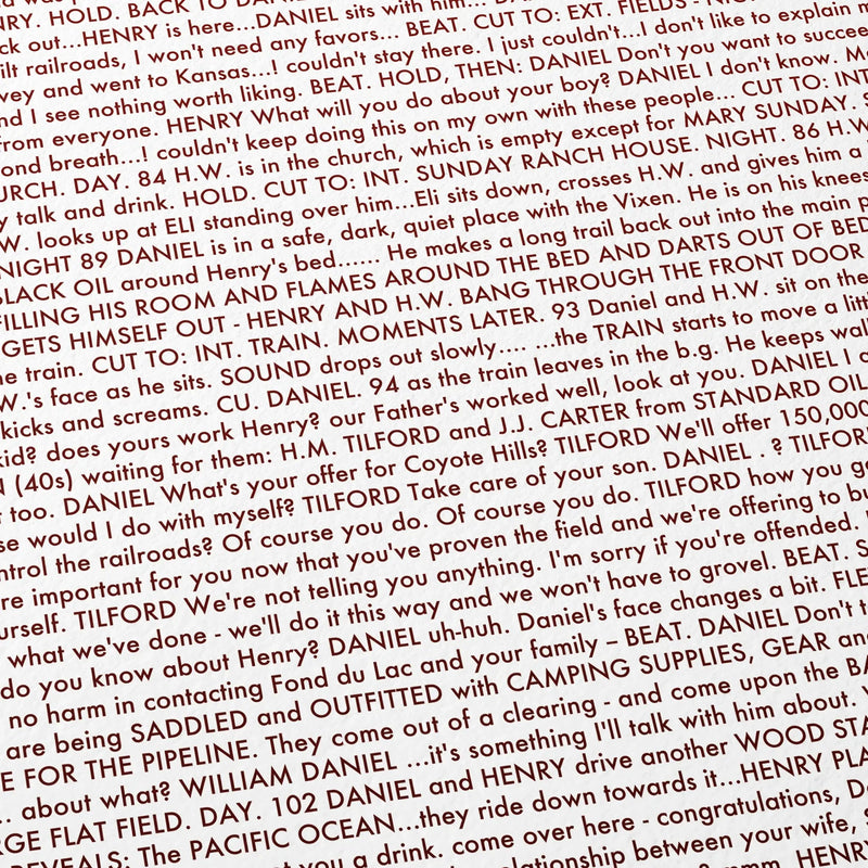 Close-up detail of the There Will Be Blood movie script poster showing dense typographic text.