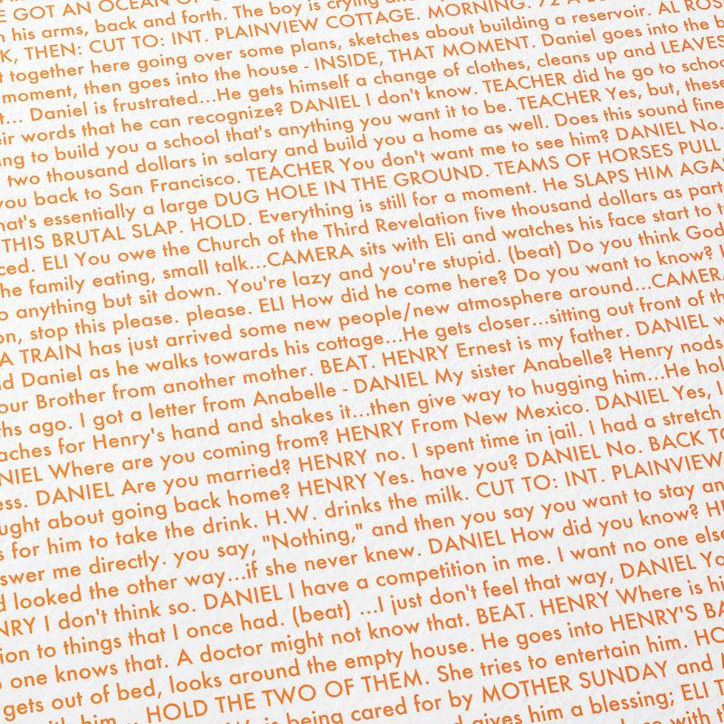 Close-up detail of the There Will Be Blood movie script poster showing dense typographic text.