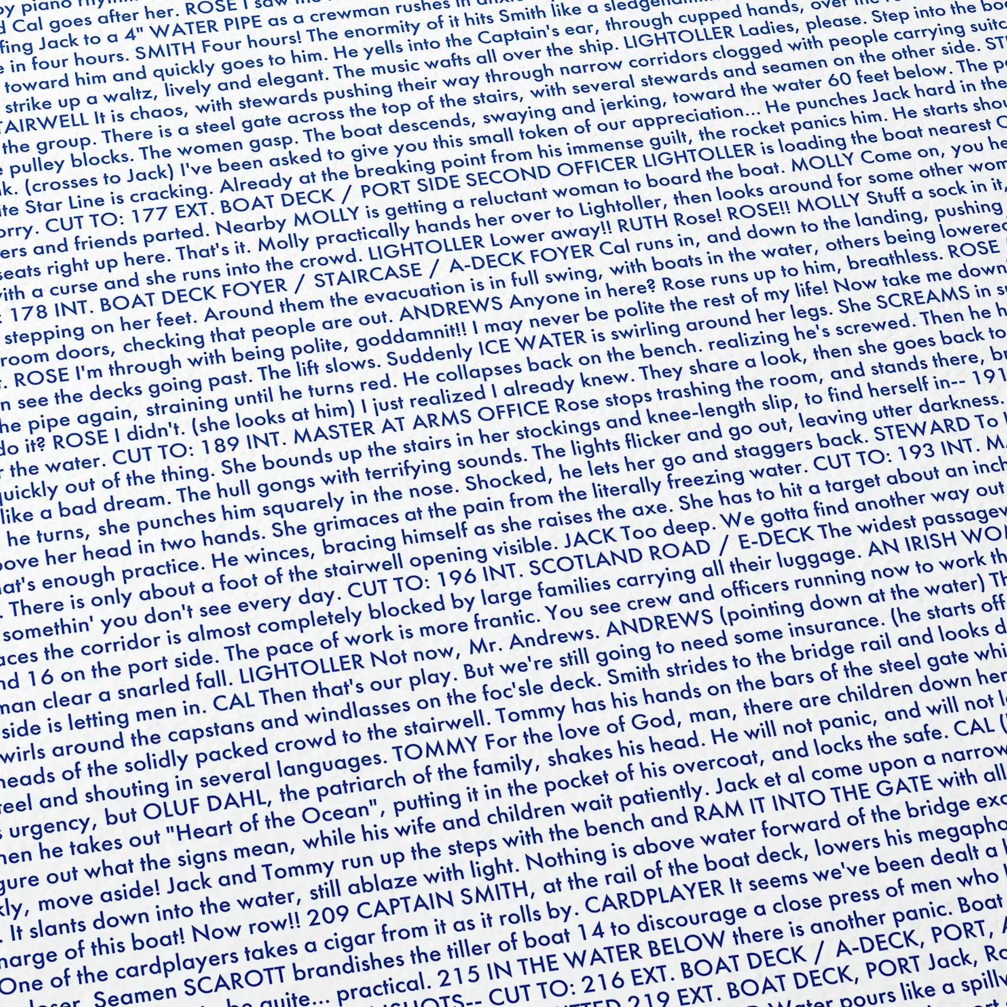 Close-up detail of the Titanic movie script poster showing dense typographic text.