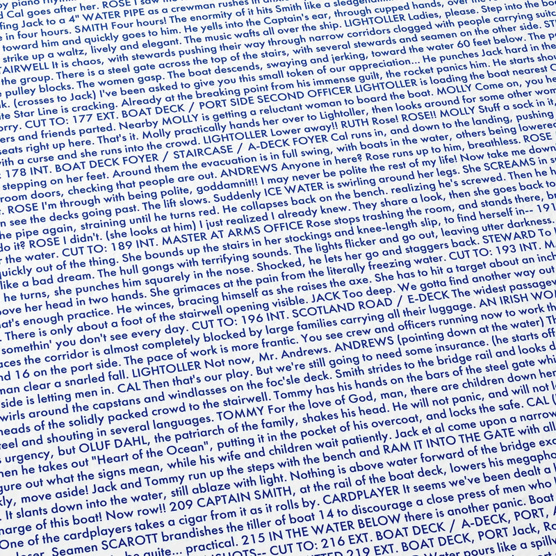 Close-up detail of the Titanic movie script poster showing dense typographic text.