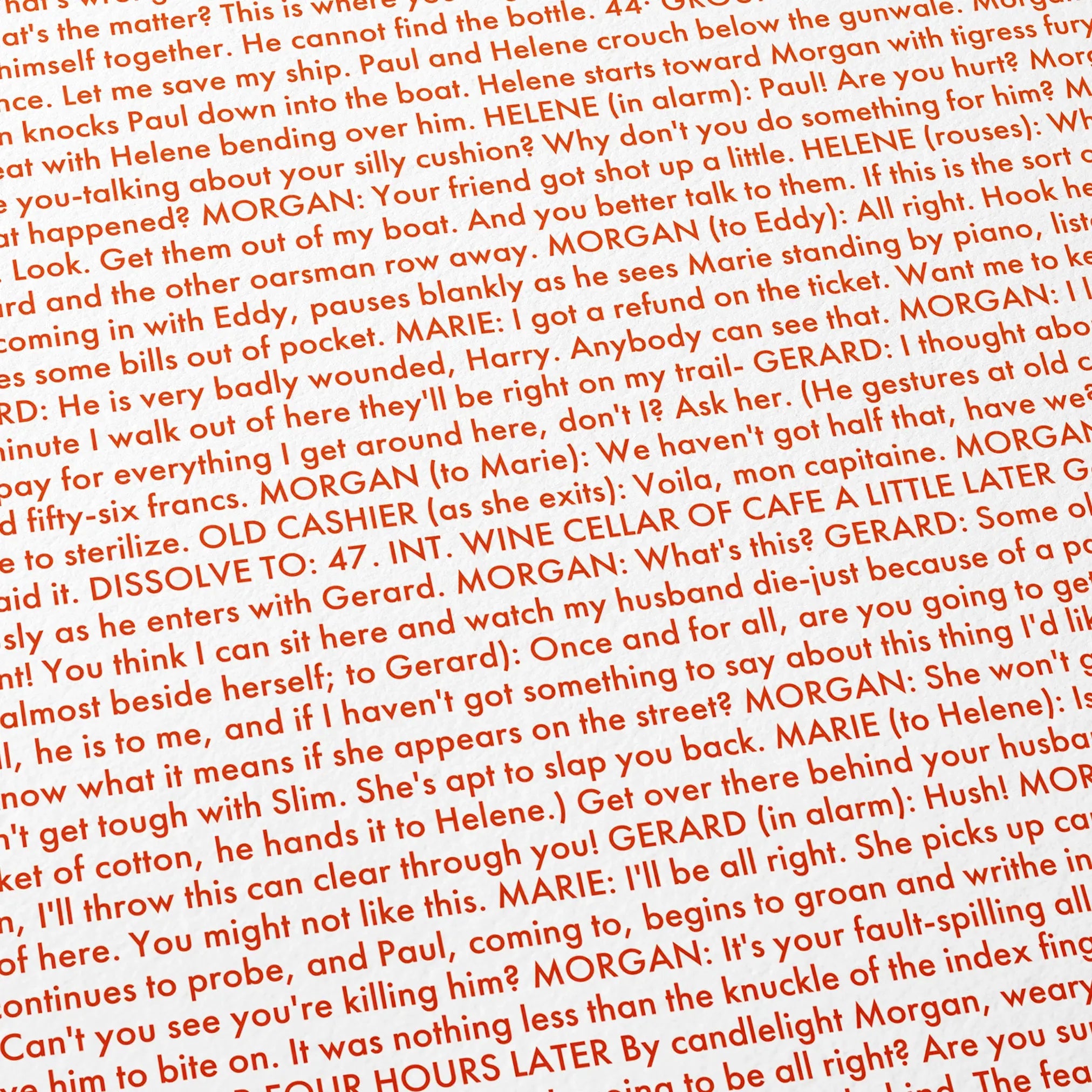 Close-up detail of the To Have and Have Not movie script poster showing dense typographic text.