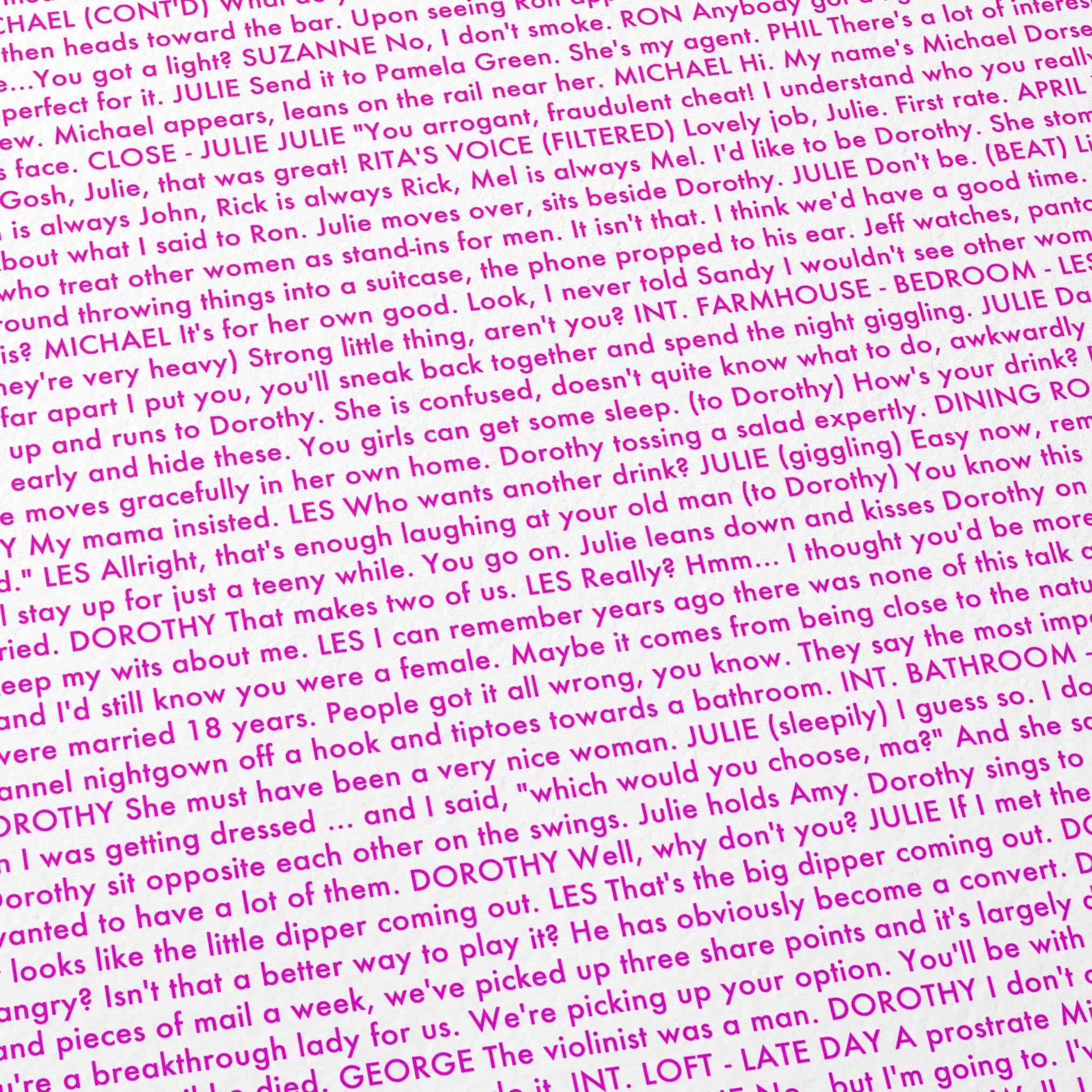 Close-up detail of the Tootsie movie script poster showing dense typographic text.