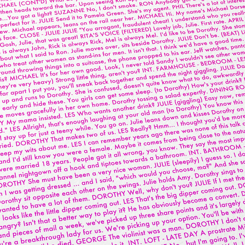 Close-up detail of the Tootsie movie script poster showing dense typographic text.