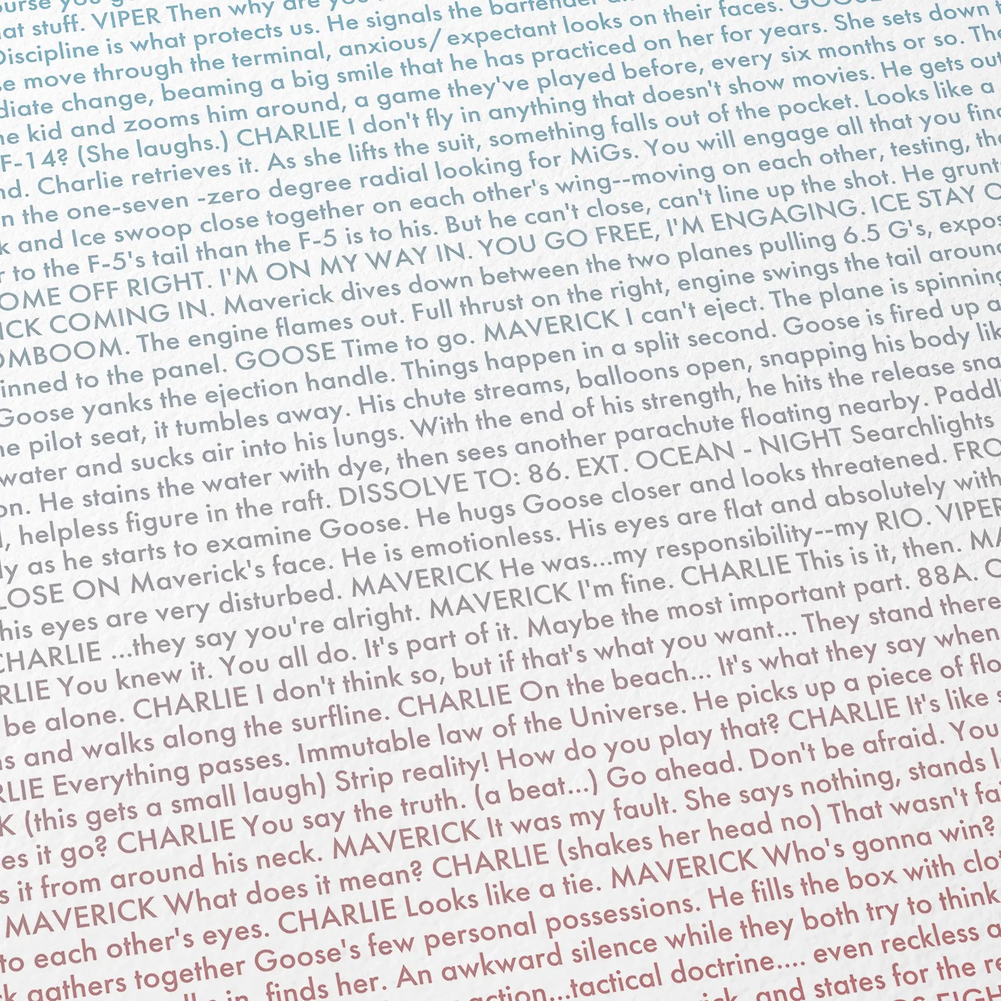 Close-up detail of the Top Gun movie script poster showing dense typographic text.