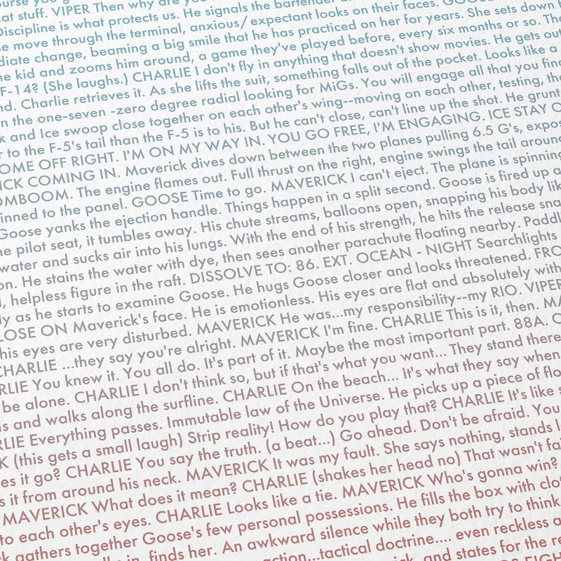 Close-up detail of the Top Gun movie script poster showing dense typographic text.