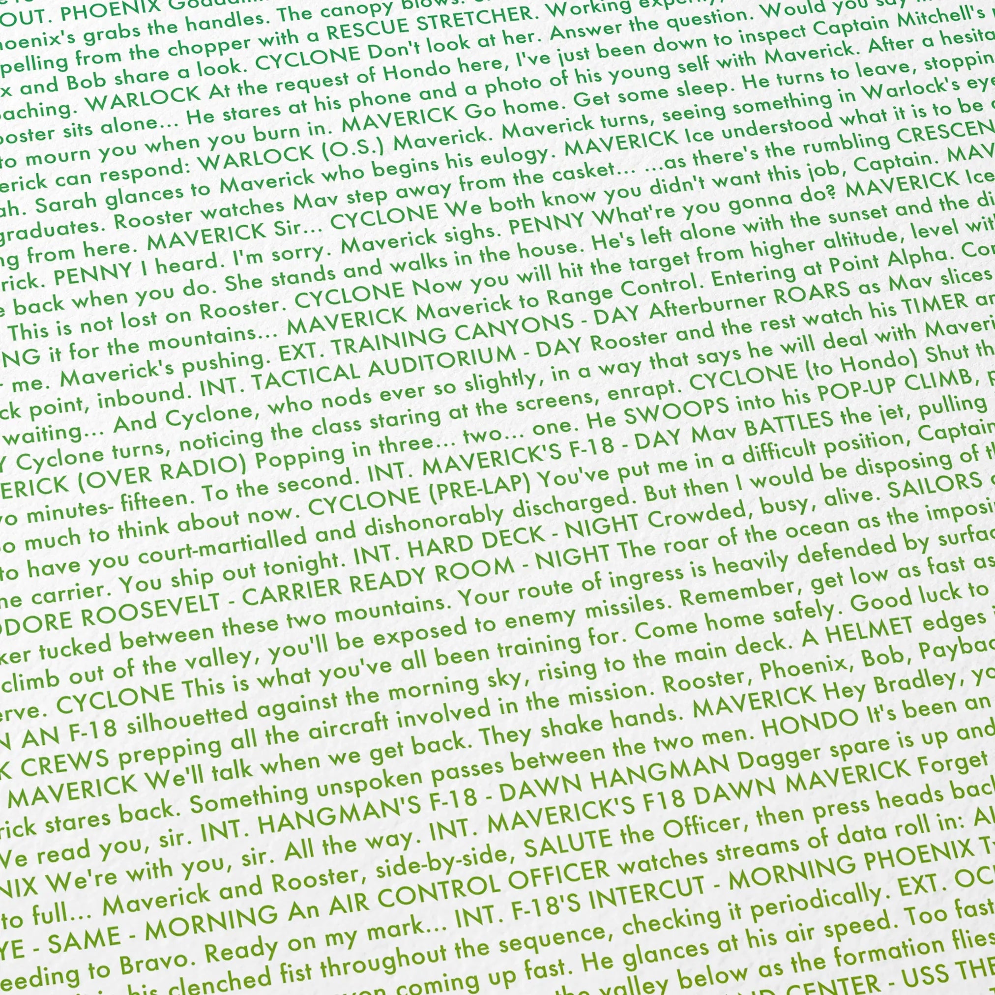 Close-up detail of the Top Gun: Maverick movie script poster showing dense typographic text.