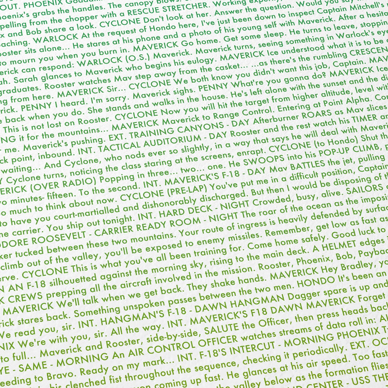 Close-up detail of the Top Gun: Maverick movie script poster showing dense typographic text.